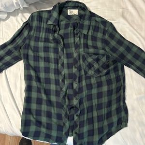 "Cosmic Blue Love" Navy and Green Plaid Button-Up